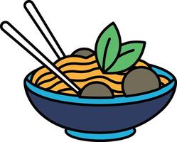A bowl of noodles with a green leaf on top vector