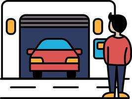 A man is standing in front of a red car in a garage vector