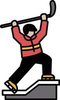 A cartoonish drawing of a man in a red jacket holding a hockey stick vector