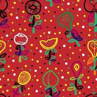 a red background with colorful flowers and fruit vector
