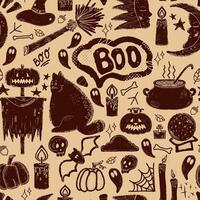 seamless pattern with halloween icons on a beige background vector