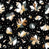 a black and white pattern with leaves and dots vector