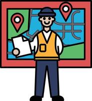 A man in a yellow vest stands in front of a map vector