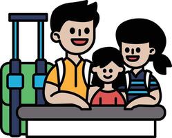 A family of three is sitting at a counter with luggage vector
