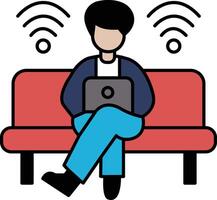 A man is sitting on a red couch and using a laptop vector