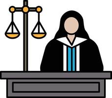 A lawyer in a black robe stands in front of a scale of justice vector