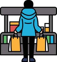 A man is standing in front of a grocery store with a blue jacket on vector