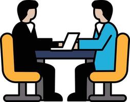 Two men sitting at a table with a laptop in front of them vector