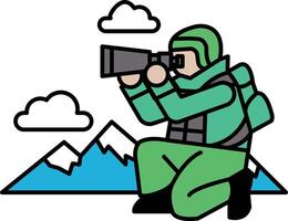 A soldier in a jacket is crouching down and looking through a camera lens vector