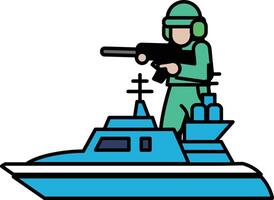 A Soldier in a uniform is standing on a boat with a gun vector
