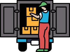 A man is standing in front of a truck with boxes vector