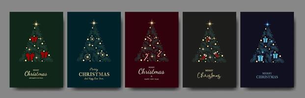 Collection of banners with Elegant Christmas tree, fir branches, lights, New Year elements and typography. Design concept greeting cards. Merry Christmas, Happy New Year. vector
