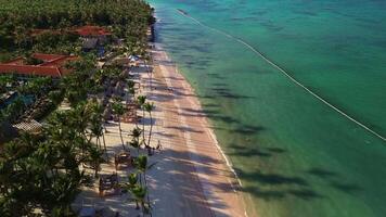 Aerial view of the buildings of a luxury hotel with swimming pools among exotic palm jungles,on the shore of a turquoise ocean,with a snow-white beach,in the rays of the setting sun,Dominican Republic video