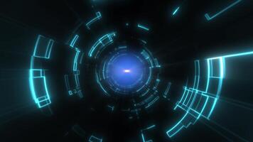 Abstract futuristic tunnel with concentric light rings and geometric patterns, central glowing light source, vibrant colors for digital and sci-fi themes background video