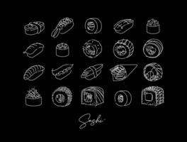 Sushi types poster drawing in line style on black background vector