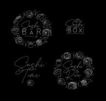 Sushi labels in line style drawing on black background vector