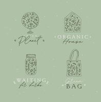 Labels globe, envelope, hand bag, jar of jam with flowers drawing on green background vector