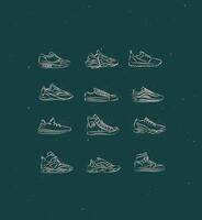 Men shoes different types of sneakers set drawing in vintage style on green background vector
