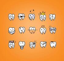 Set of teeth in different situations, drawing on orange background. vector