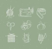 Sew icon set with illustrated sewing machine, skein of threads, scissors, knitting needles, needle, thread, embroidery hoop in hand drawing style on green color background vector