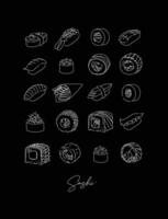 Sushi types set poster drawing in line style on black background vector