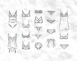 Set of classic underwear icons in vintage style drawing with lines vector