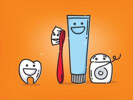 Small amusing tooth, toothbrush, dental floss, toothpaste characters scene drawing on orange background. vector