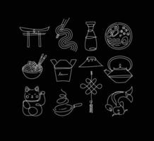 Sushi icon set in line style drawing on black background vector