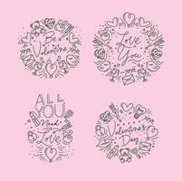 Set of valentines day flat monogram with greeting lettering drawing on pink background. vector