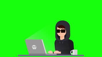 Hacker With Laptop Computer Stealing Passwords And Breaking In Confidential Data On Greenscreen Background 2D Cartoon Animation video