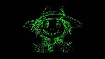 Neon frame effect, Charming Scarecrow scarecrow with a straw hat and a big smile on black background video