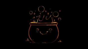 Neon frame effect, Cheerful Cauldron bubbling cauldron with a happy face and floating bubbles on black background video
