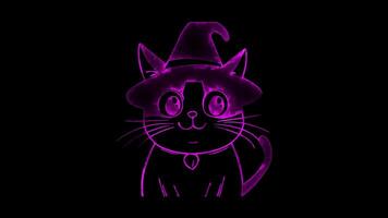 Neon frame effect, Cute Little Witch Cat black cat wearing a witch hat and a mischievous smile on black background video