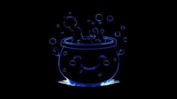 Neon frame effect, Cheerful Cauldron bubbling cauldron with a happy face and floating bubbles on black background video
