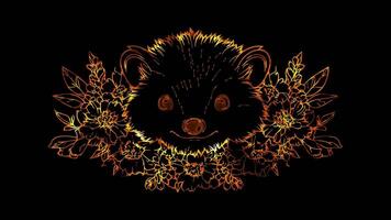 Neon frame effect, Hedgehogs shaped like hedgehogs with prickly quills and flowers on black background video