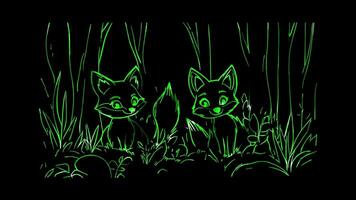 Neon frame effect, Foxes Playful fox with bushy tails and forest elements on black background video