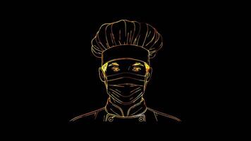 Neon frame effect, Super Chef mask with cooking utensils on black background video