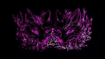 Neon frame effect, Foxes Playful fox with bushy tails and forest elements on black background video