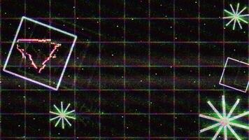 Old Retro TV 90s VHS old analog digital pixel noise glitch texture screen, design shapes neon memphis background. No signal, Error, System damage video