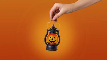 Minimal looped horizontal animation pumpkin lantern in a hand. Orange Background copy space place for text video