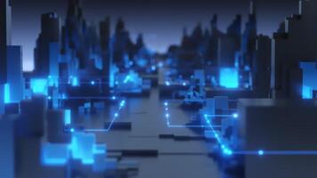 Abstract digital cityscape featuring illuminated blue lines and 3D structures, symbolizing a high-tech, futuristic urban environment. video