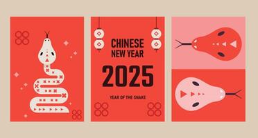 Lunar new year 2025, Chinese new year 2025 year of the Snake. Red Snake illustration and design. Red traditional Chinese designs with snakes, geometric modern design vector