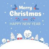 Christmas and New Year greeting card with houses and trees vector