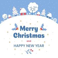 Christmas and New Year greeting card with houses and trees vector