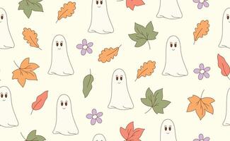 Funny Halloween seamless pattern in trendy groovy retro 70s style. Y2k collection. Cute Daisy, Ghost flowers. Retro y2k style. Fun pumpkin character. illustration vector