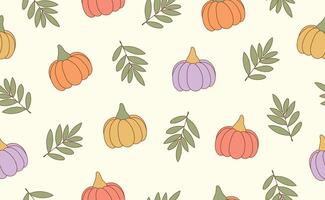 Funny Halloween seamless pattern in trendy groovy retro 70s style. Y2k collection. Cute Pumpkins, Autumn Leaves. Retro y2k style. Fun pumpkin character. illustration. vector