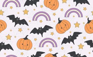 Funny Halloween seamless pattern in trendy groovy retro style. Y2k collection. Cute Pumpkin, Bat, Rainbow. Retro 70s, y2k style. Fun pumpkin character. illustration vector