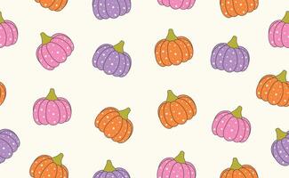 Funny Halloween seamless pattern in trendy groovy retro style. Y2k collection. Retro y2k 70s style. Cute Pumpkin. Fun pumpkin character. illustration vector