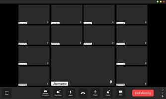 A virtual meeting room filled with empty participant slots during an online group discussion late in the afternoon vector