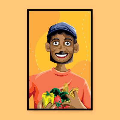 Illustration of smiling farmer man holding fresh vegetables in his hands on yellow background, design for advertising poster